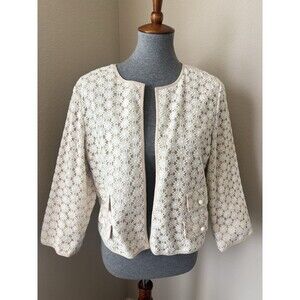 Talbots Size 12 Ivory Tan  3/4 Sleeve Open Front Lace Overlay Jacket